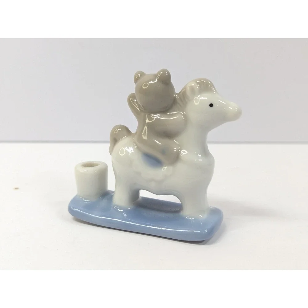 Biedermann Mini Taper Candle Holder Teddy Bear‎ on Horse Pony Porcelain Figurine